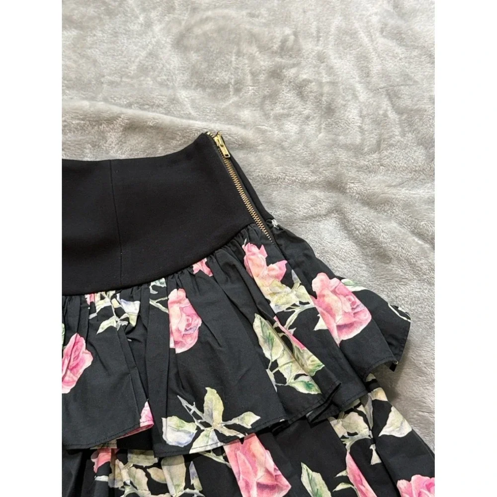 LoveShackFancy Black Floral Tiered Rose Mini Skirt - Picture 4 of 6
